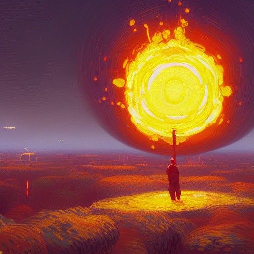 Fireball Approaching City in Psychedelic Art Style