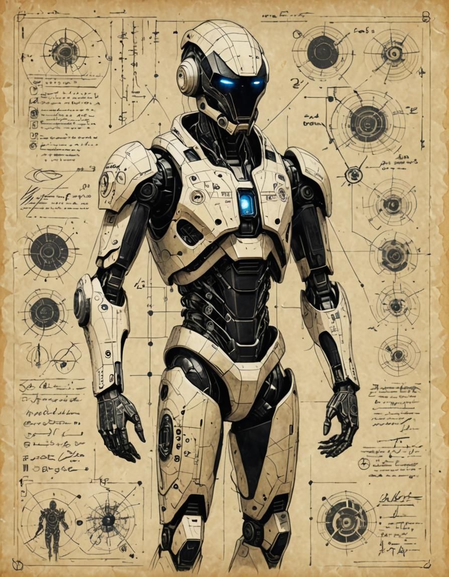 Technical diagram of a futuristic robot on old parchment