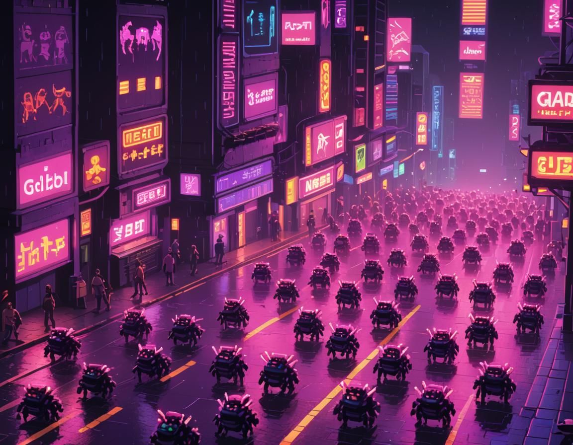 Neon Space Invaders in Pixel Art Style