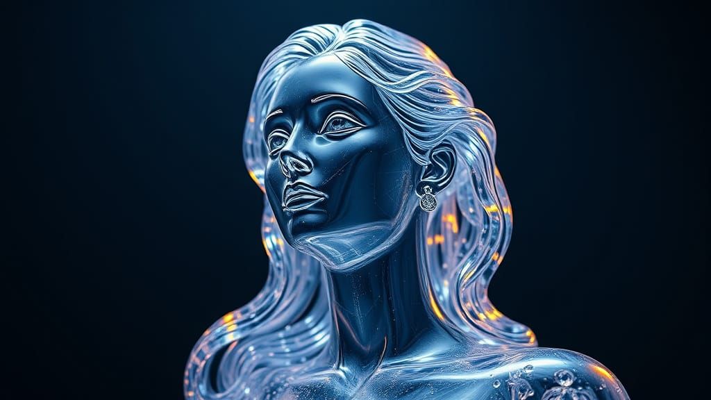 Glass Statue of Celestial Woman in Dramatic Lighting