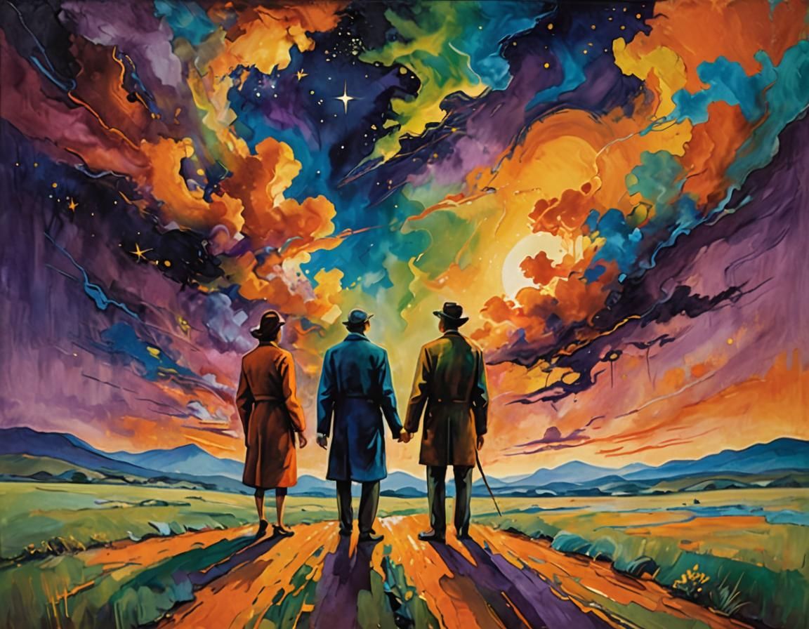 Figures Meet in Dreamlike Surrealist Landscape