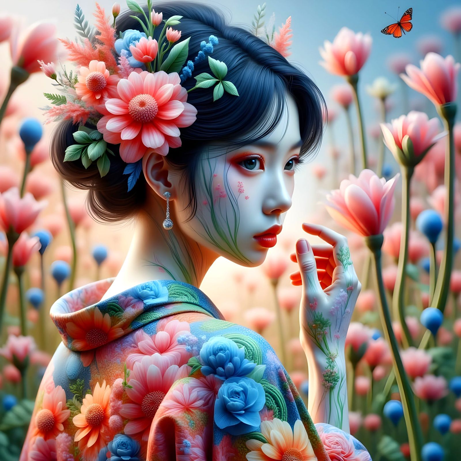 Surreal Geisha Emerges from Iridescent Ceramic Garden