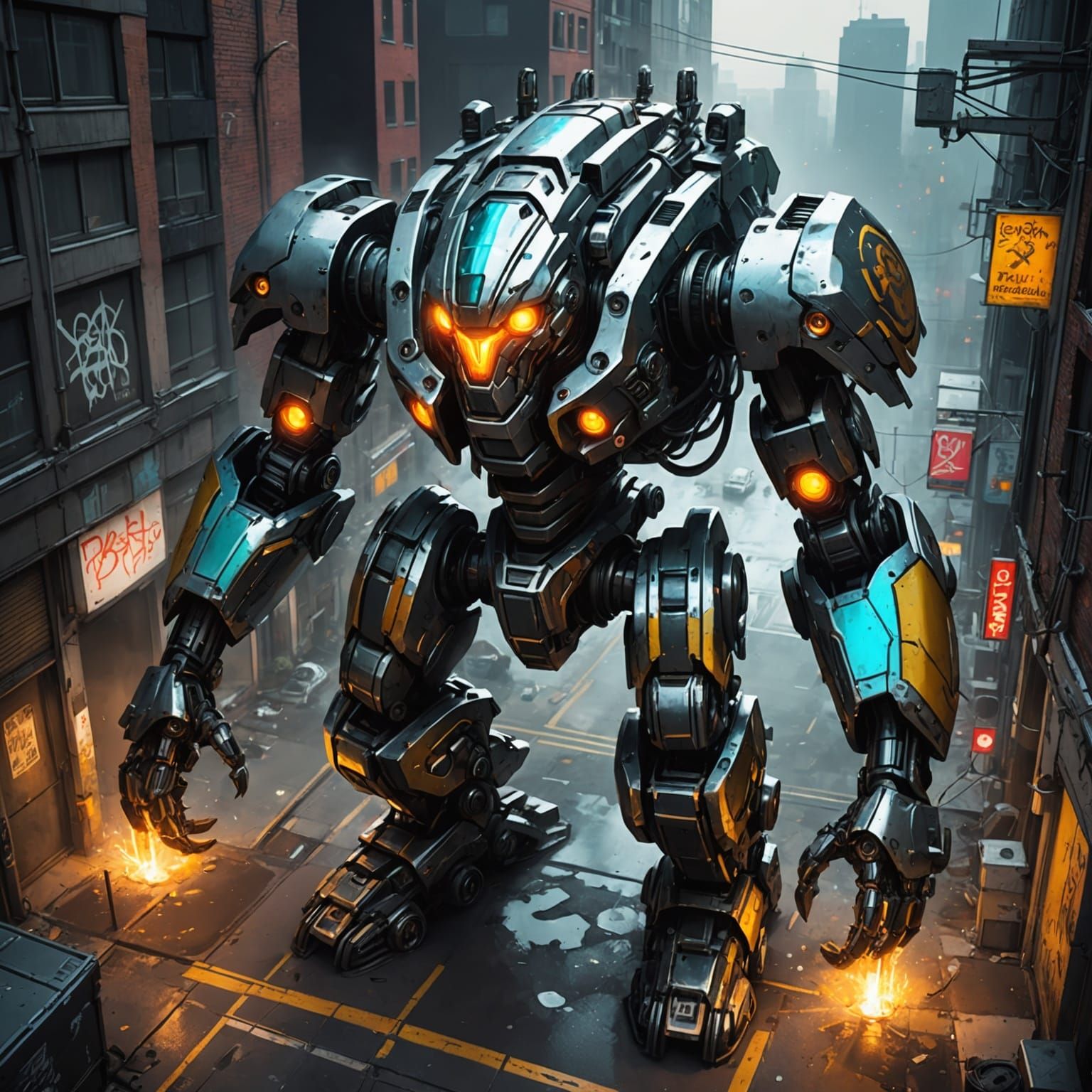 Giant Bio-Mech Creature with Glowing Eyes, Graffiti Art
