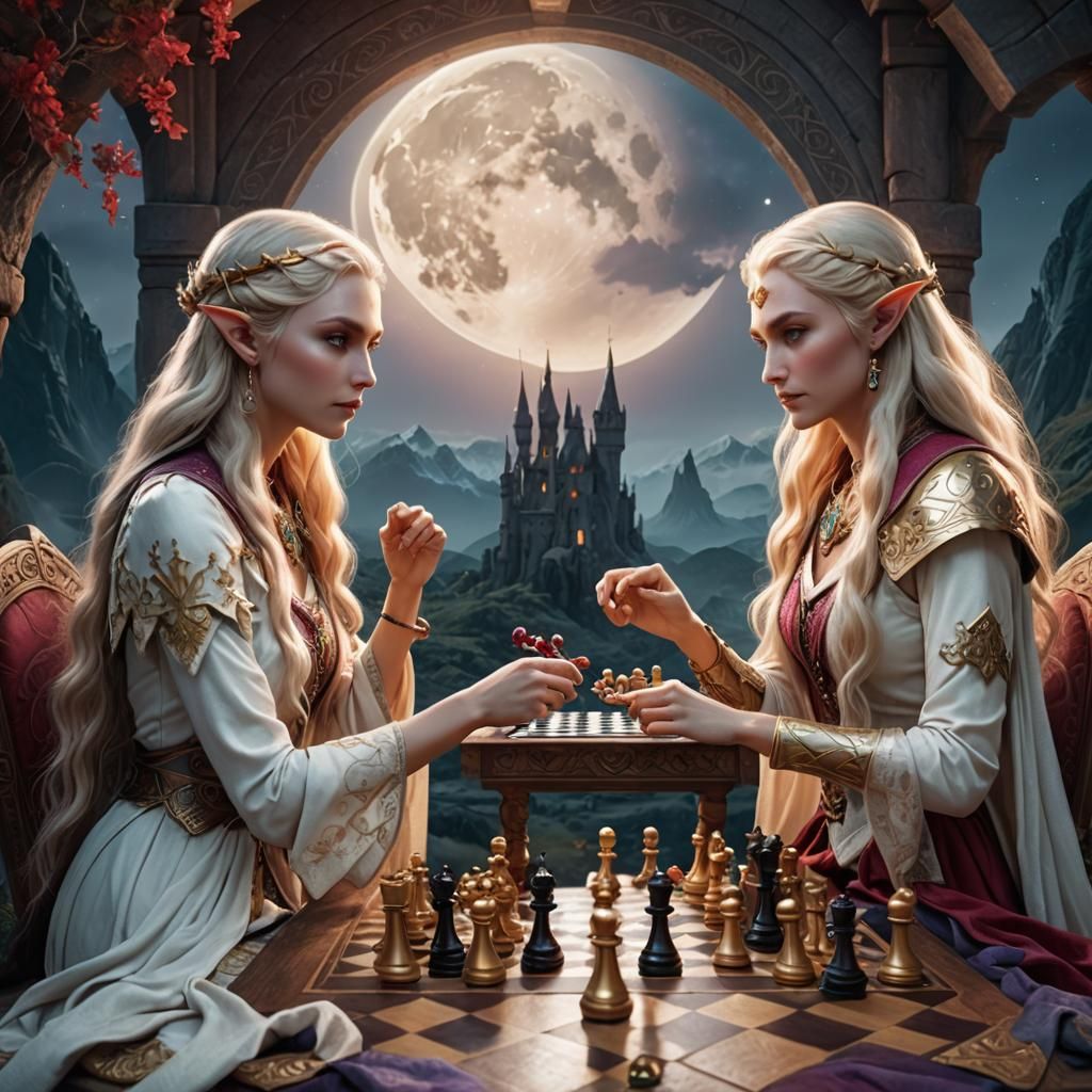 Elven Goddesses Play Chess Under Moonlight