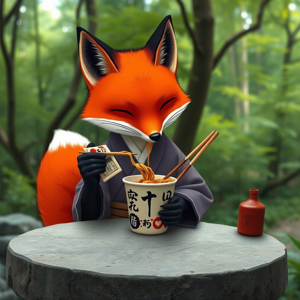 Red Fox Savoring Japanese-Style Noodles in Serene Forest Set...