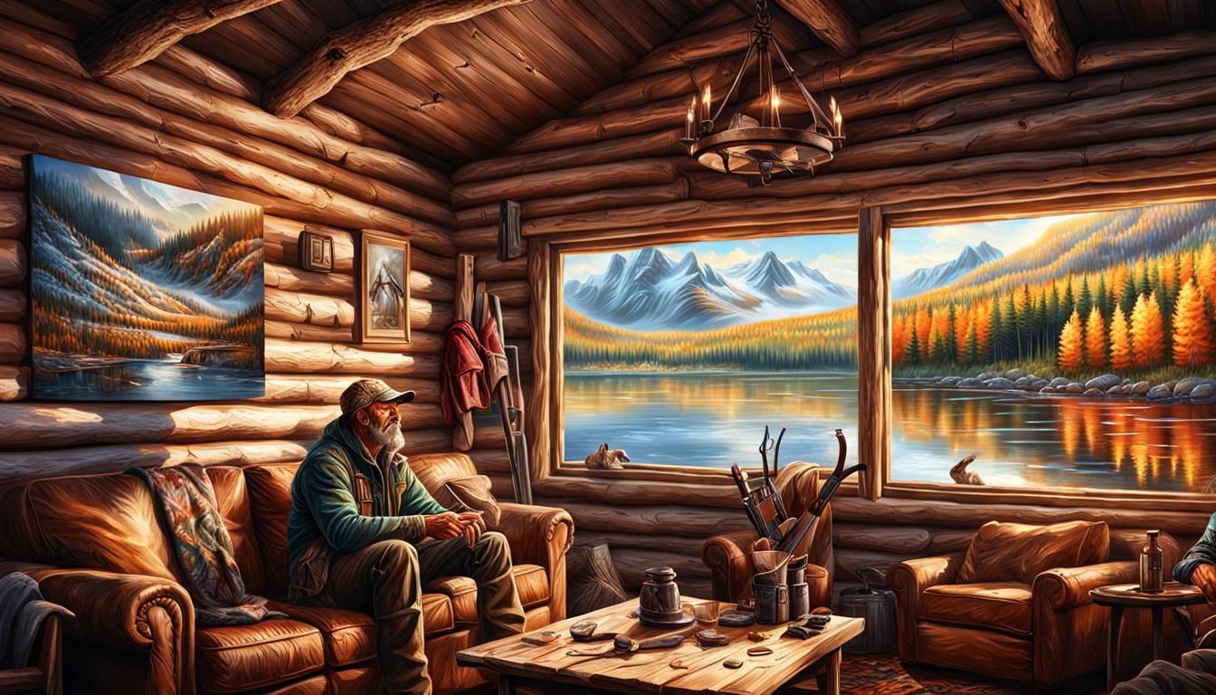Hyperrealistic Lakeside Cabin with Mountain Men Hunters