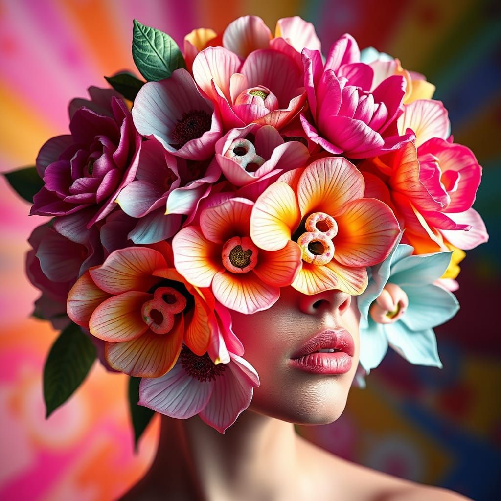 Vibrant Floral Portrait with Numbered Petals in Hyperrealist...