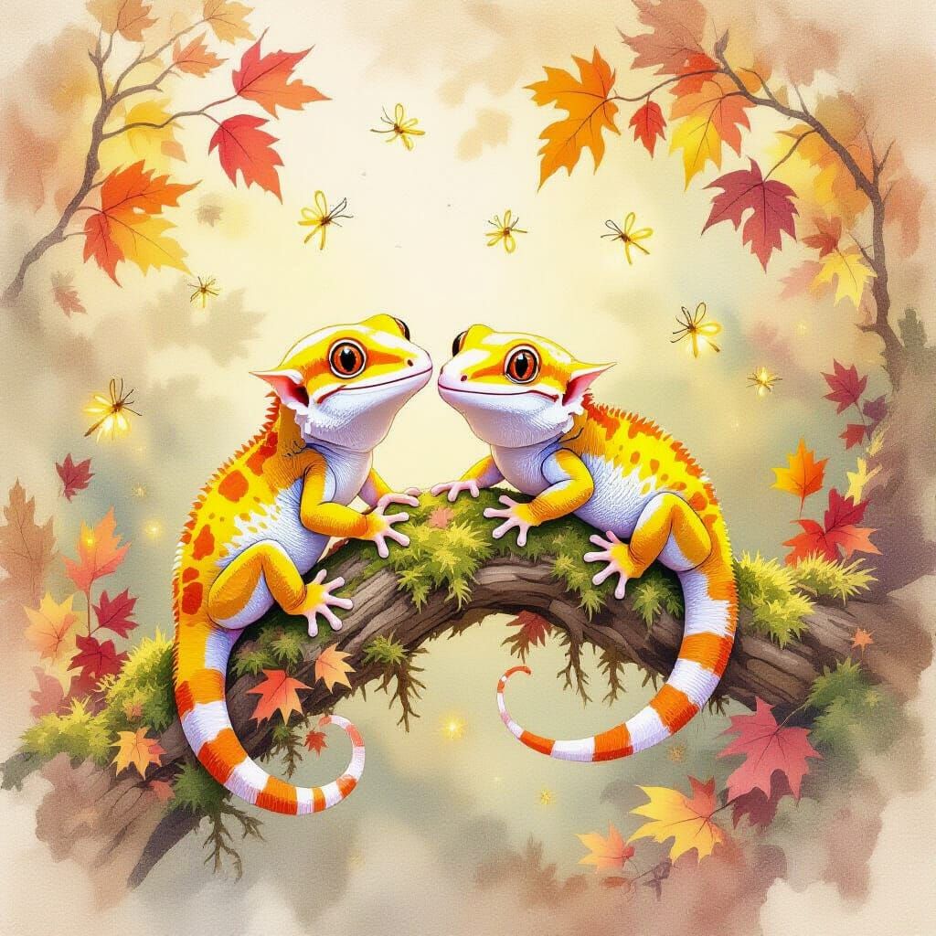 Crested Geckos' Romantic Encounter in Watercolor Style