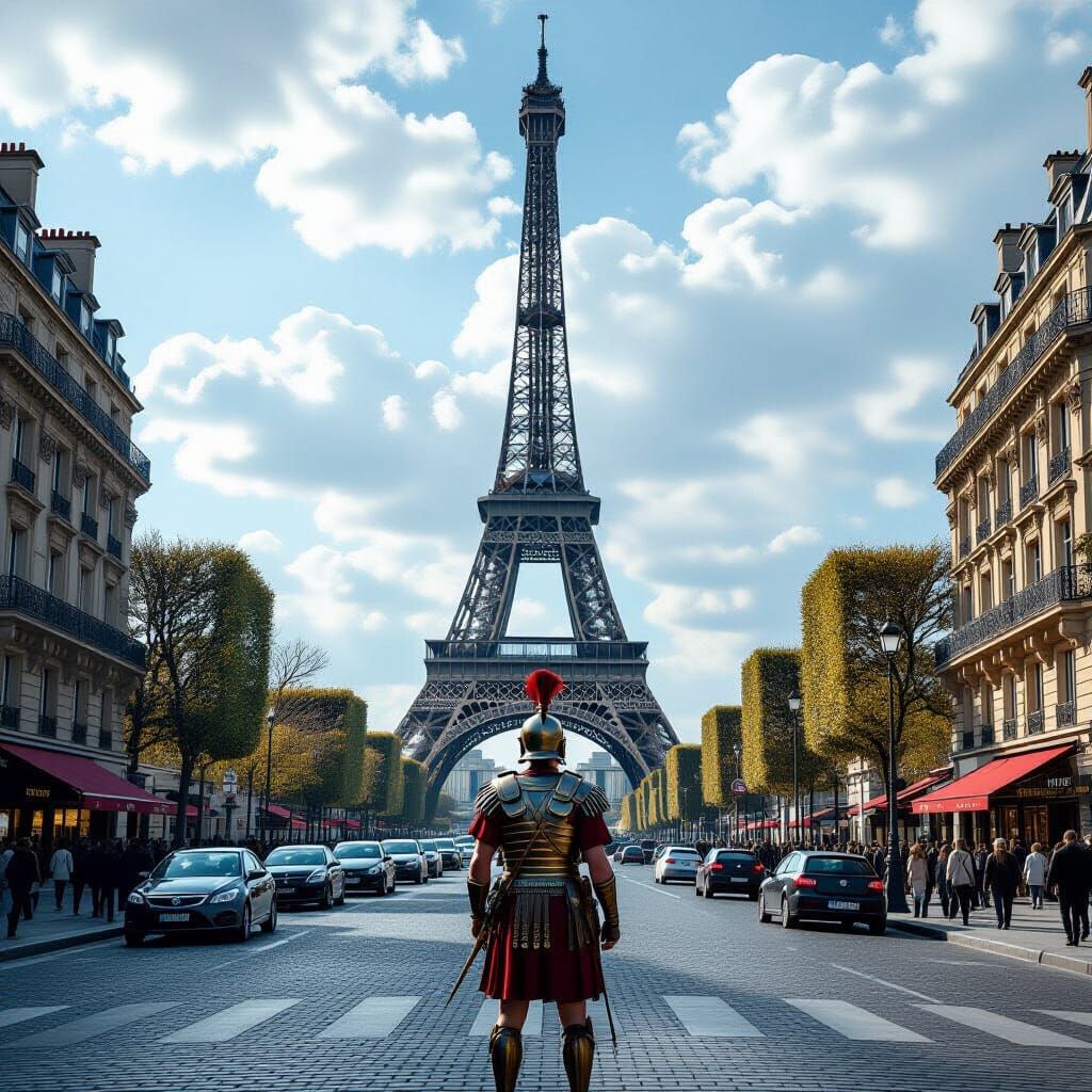Time-Displaced Roman Soldier in Modern City
