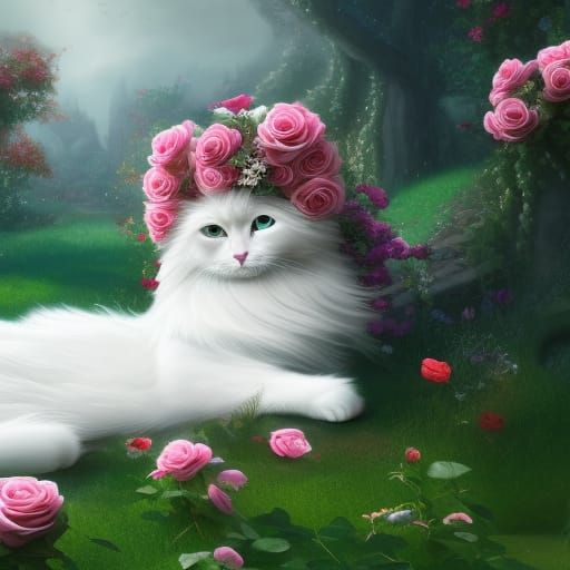 Cat in Rose Garden: Detailed Matte Painting