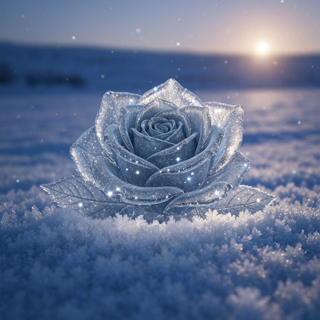 Shimmering Ice Rose in Snowy Twilight Landscape