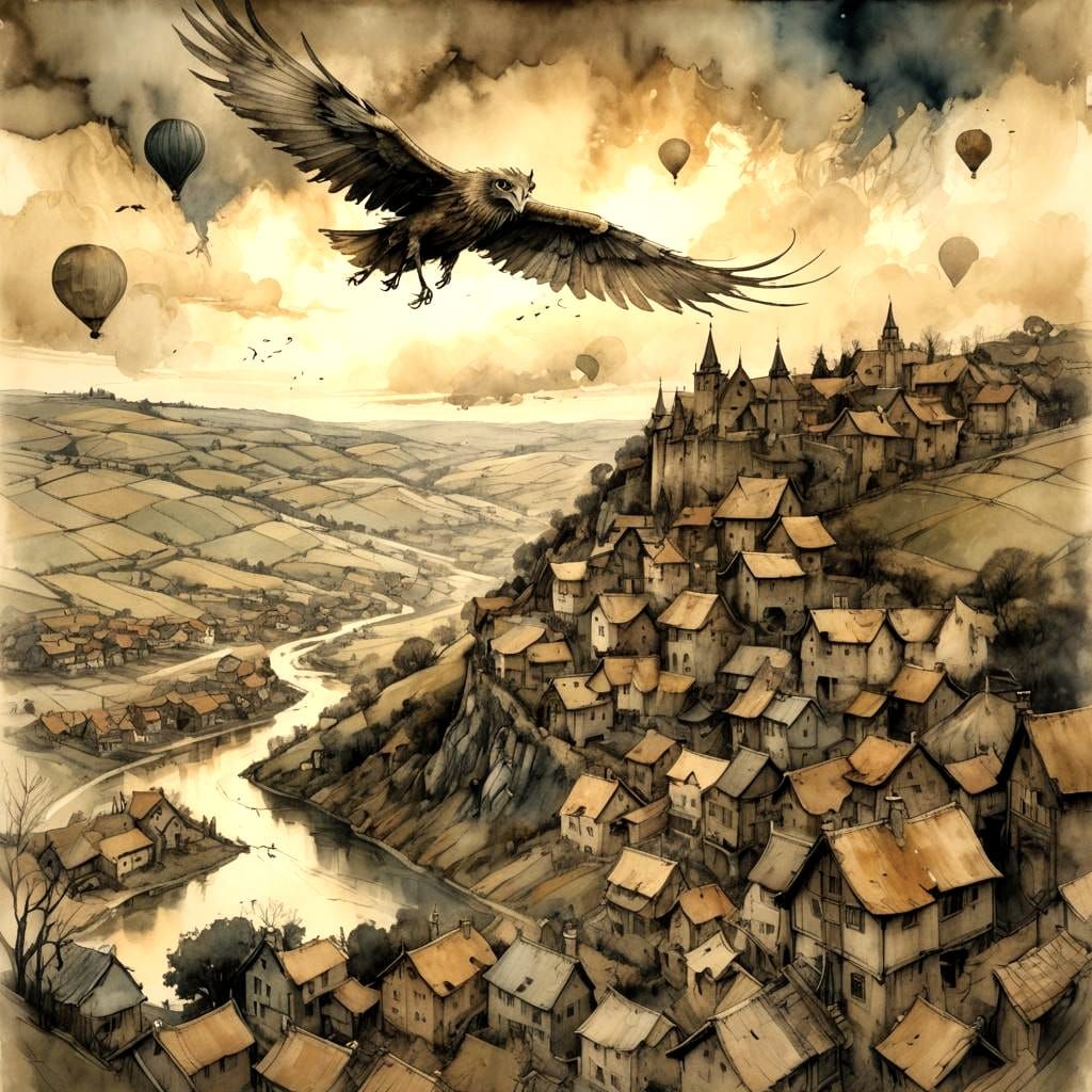 Canoe Flies Over Village in Mixed Media Style