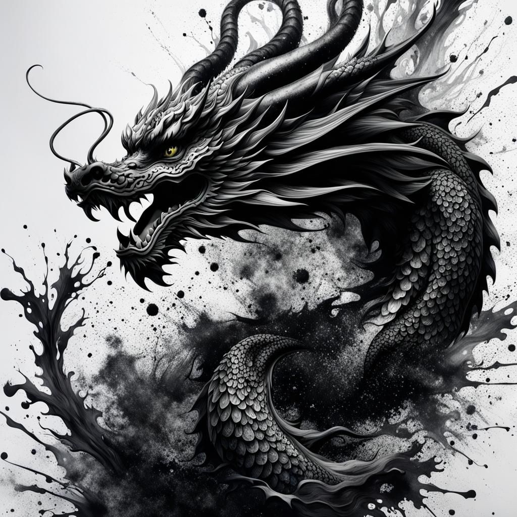 Dynamic Oriental Dragon in Black and White Splatter Art
