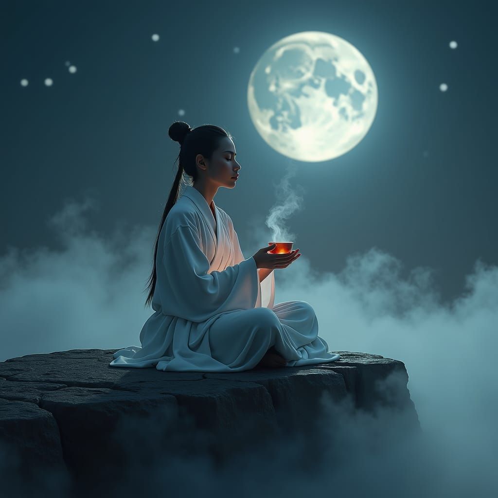 Mystical Woman Meditating Under Full Moon