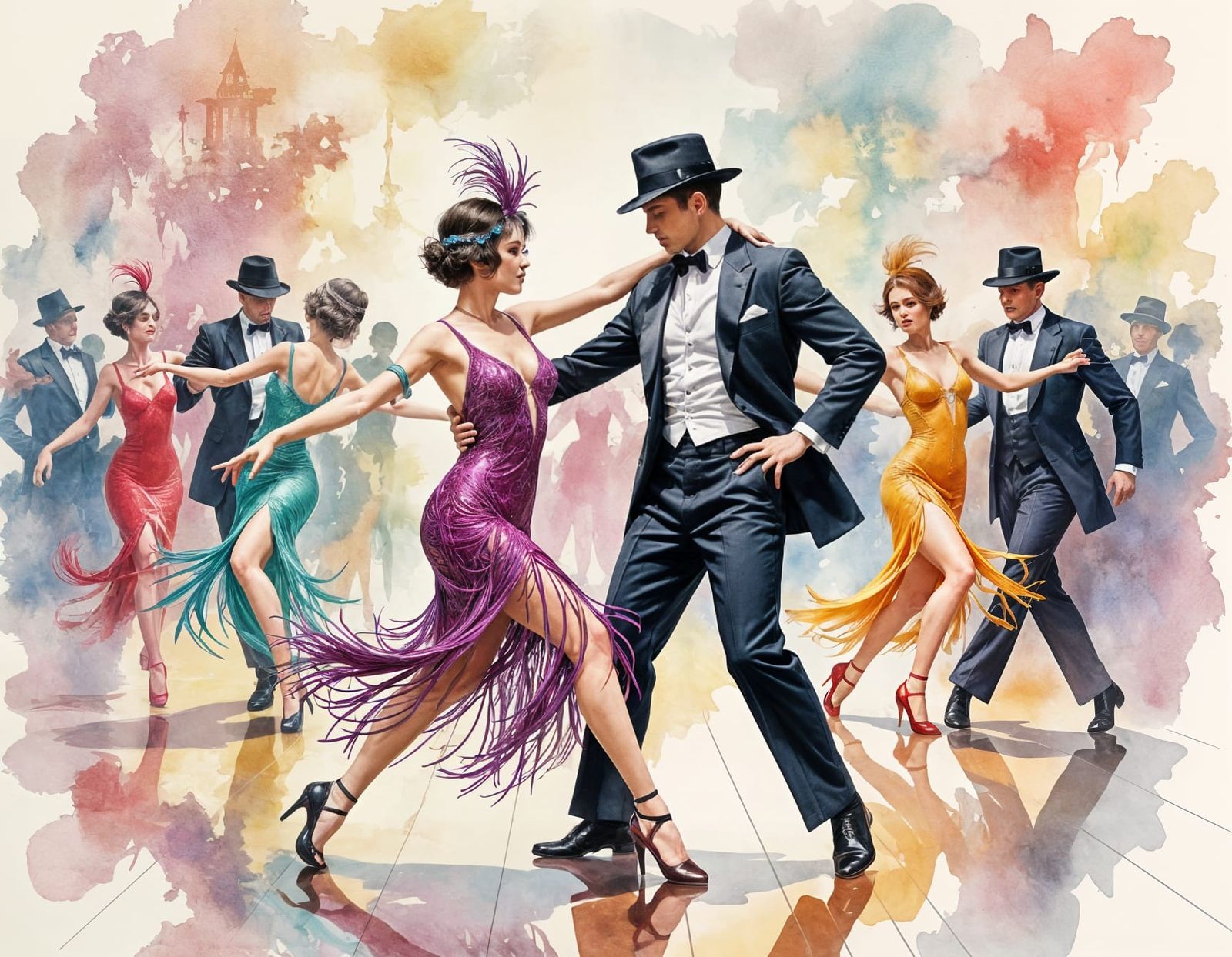 1920s Swing Dancers in Watercolour Splash Art