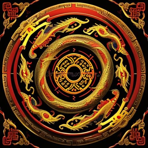 Eastern Mythological Dragons in Golden Chinese Folk Art