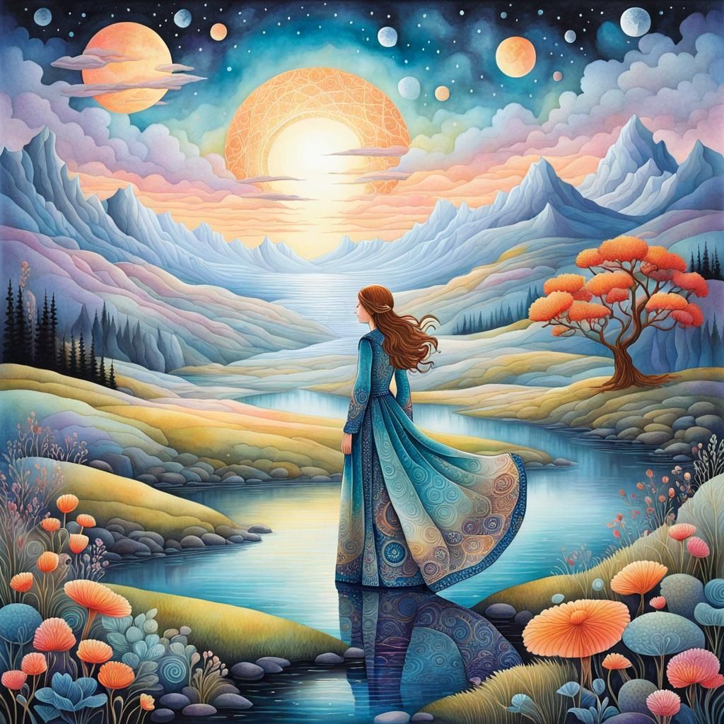 Dreamlike Figure in Fantasy Landscape Illustration