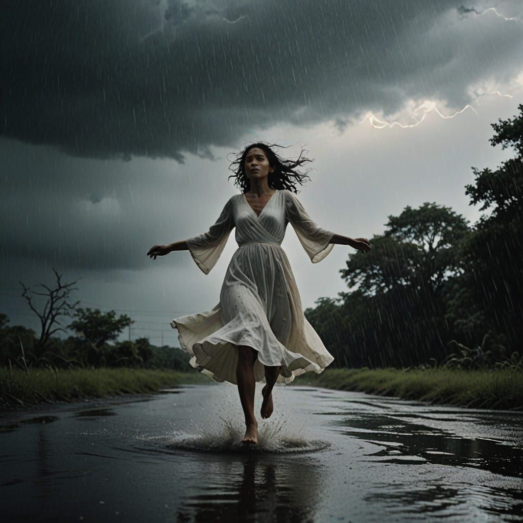Elegant Figure Dances in Cinematic Rainy Storm