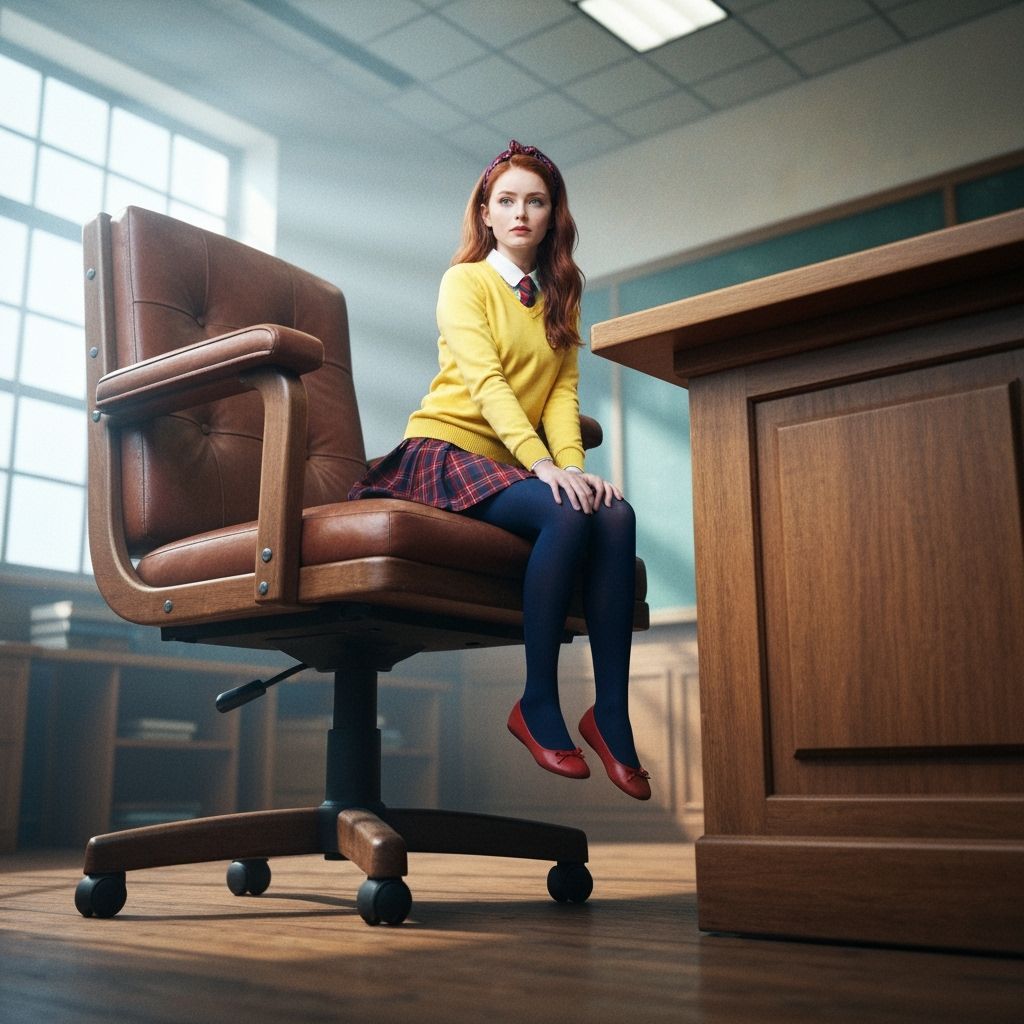 Young Woman in Oversized Classroom, Cinematic Film Still