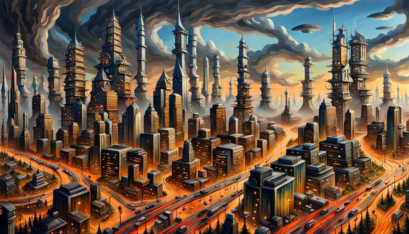 Futuristic Post-Industrial Cityscape Oil Painting