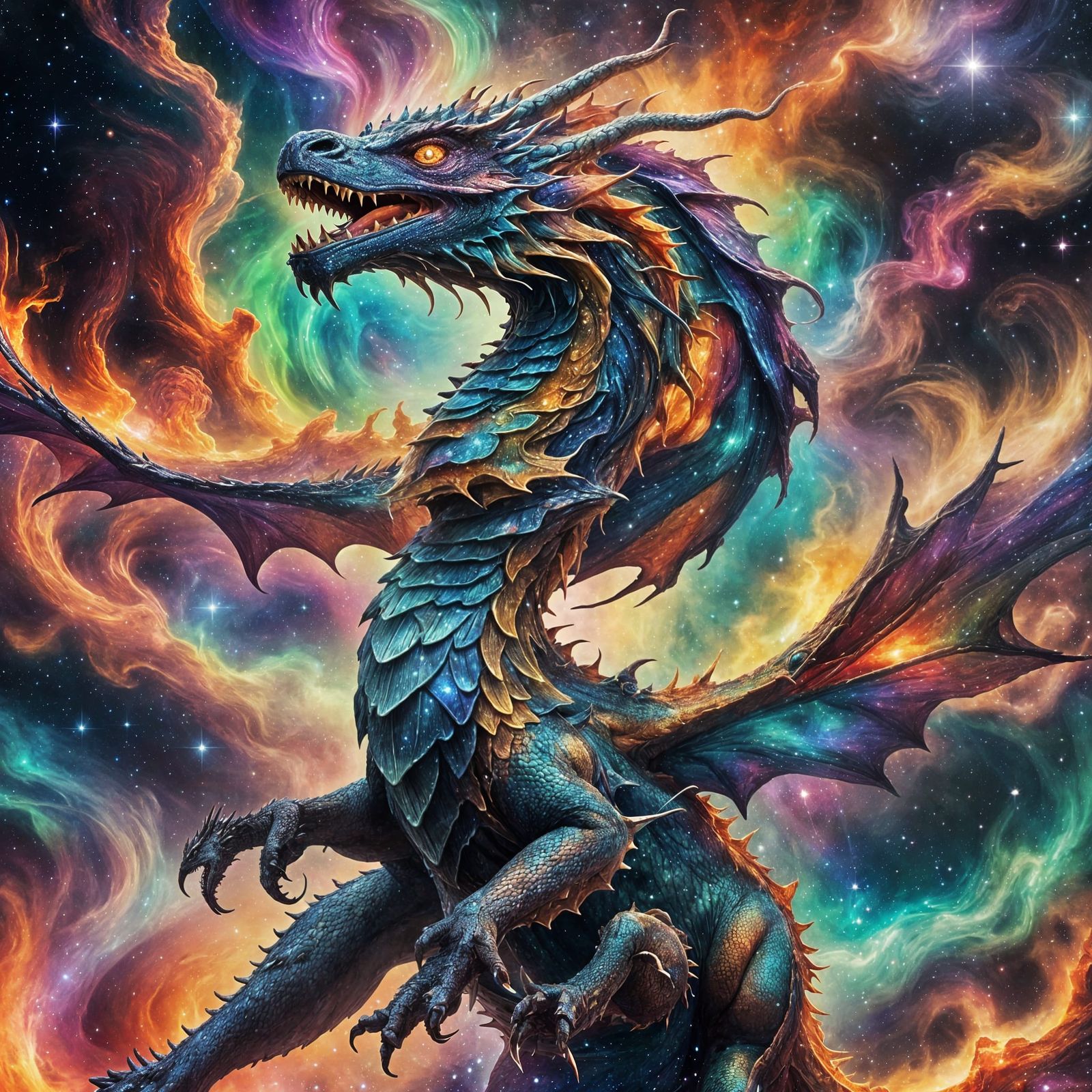 Celestial Dragon Soaring Through Vibrant Nebula