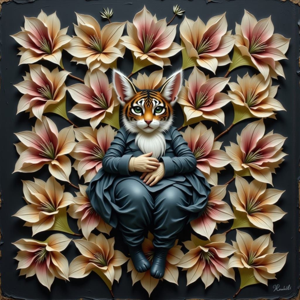 Cheshire Cat Amidst Tiger Lilies in Van Gogh Style