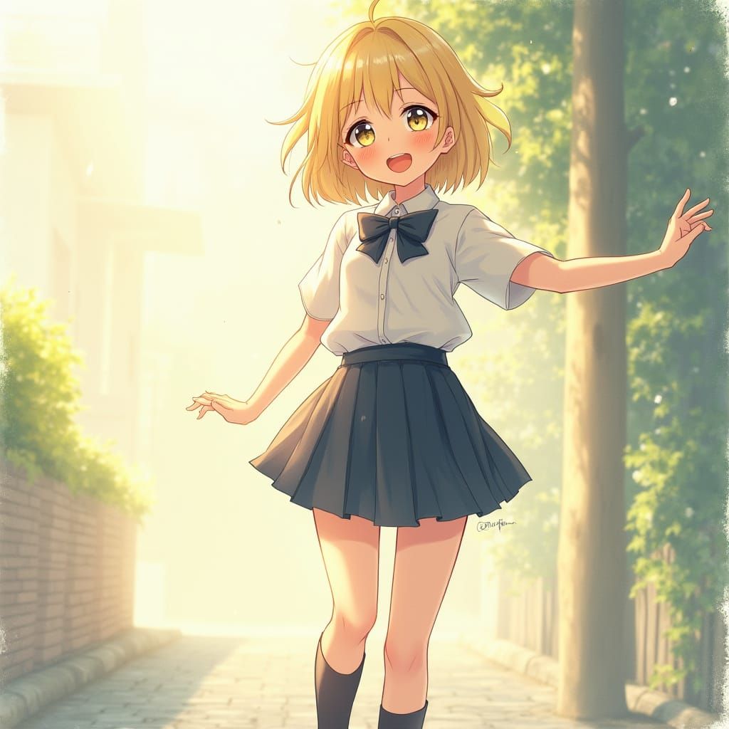 Anime-Style Schoolgirl Captured in Whimsical Morning Light