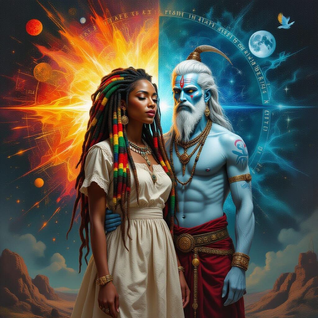 Rastafarian Woman Before Cosmic Entity in Alex Grey Style