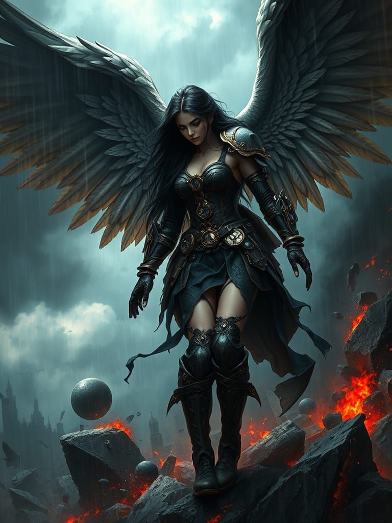 Gothic Angel in Steampunk Armor, Emerging from the Abyss