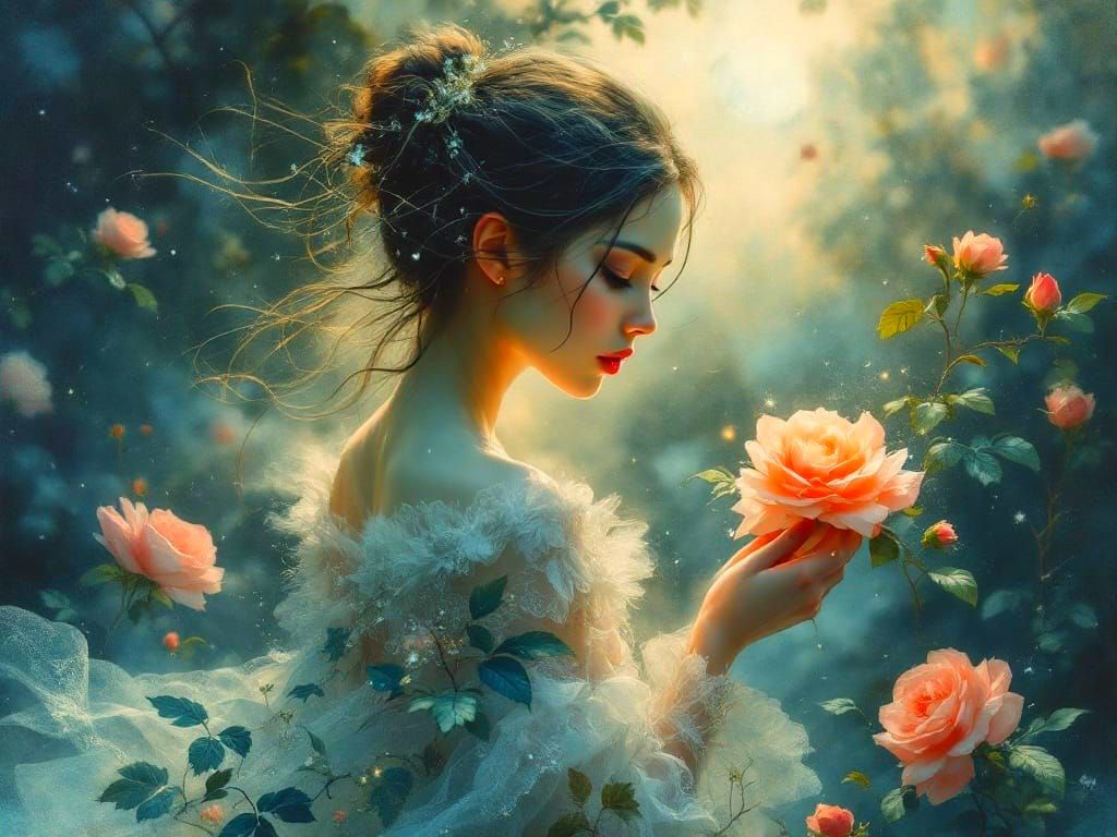 Ethereal Woman in Moonlit Garden