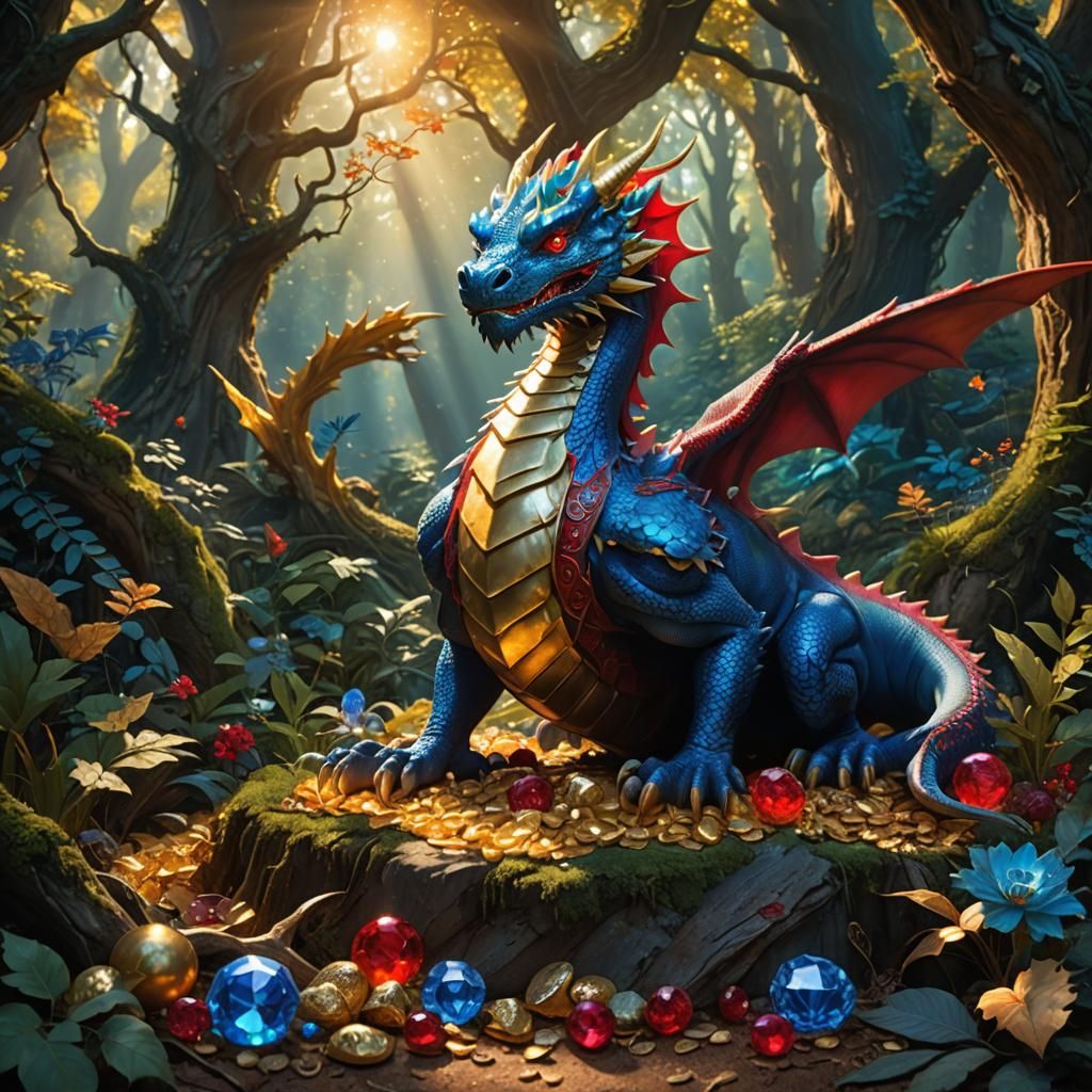 Blue Dragon Guarding Treasures in Sunlit Forest
