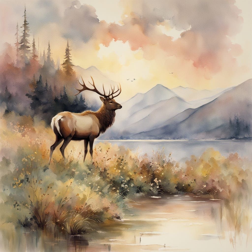 Majestic Elk in Whimsical Alpine Scene