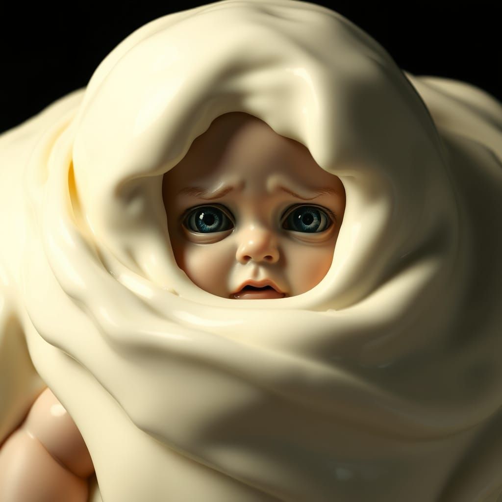 Eerie Doll Face Submerged in Creamy White Substance