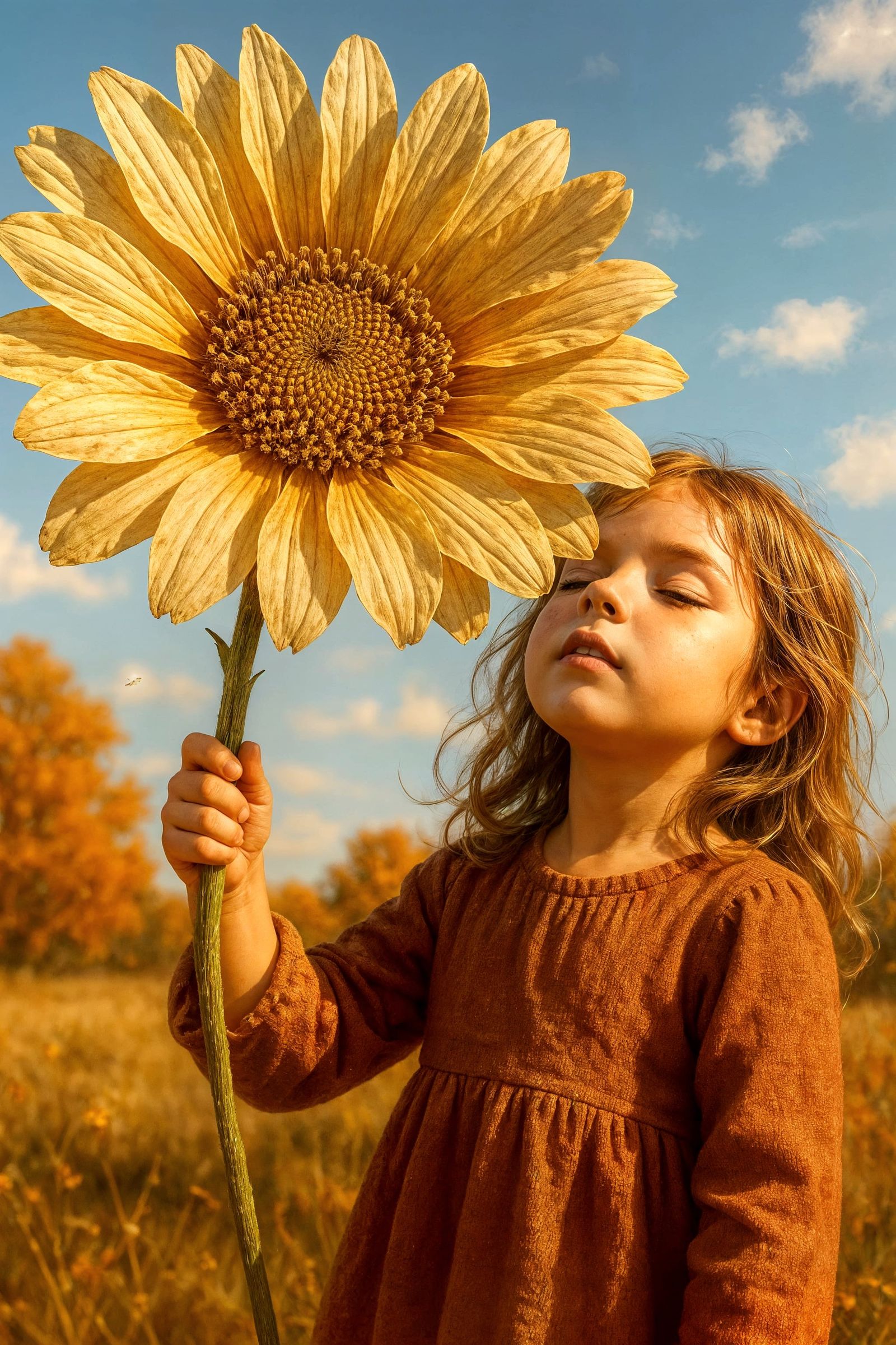 Girl Holding Giant Flower in Autumn Sunlight
