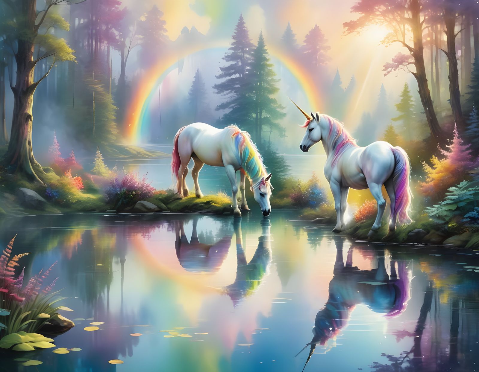 Unicorn Reflection in Rainbow Forest, Ethereal Art