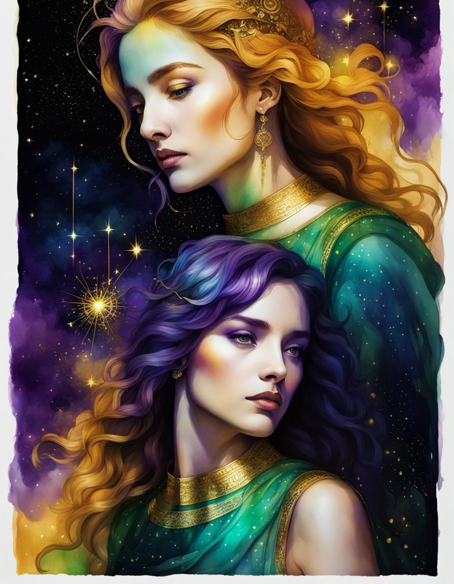 Gemini Double Exposure in Watercolor and Ink