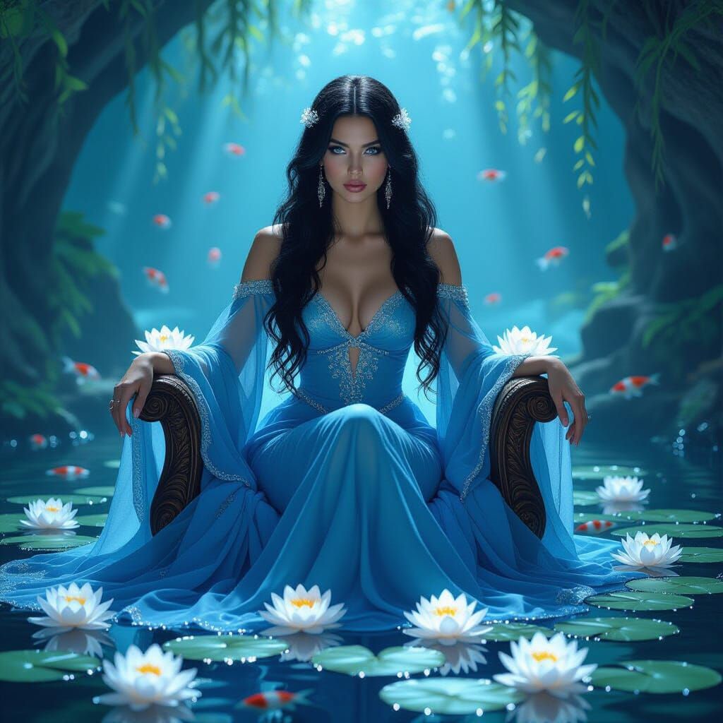 Woman on Lily Throne in Grotto, Pre-Raphaelite Style