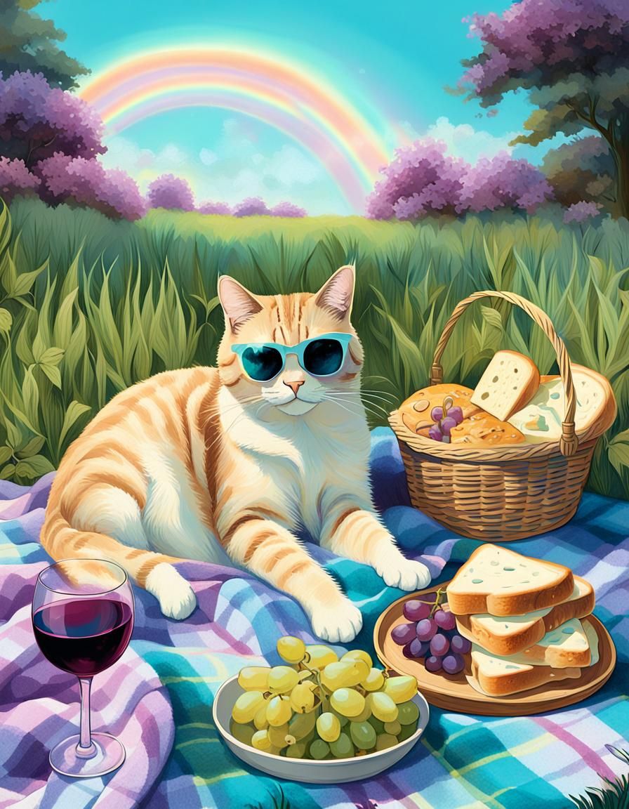Tabby Cat Picnic in Pastel Fantasy Landscape
