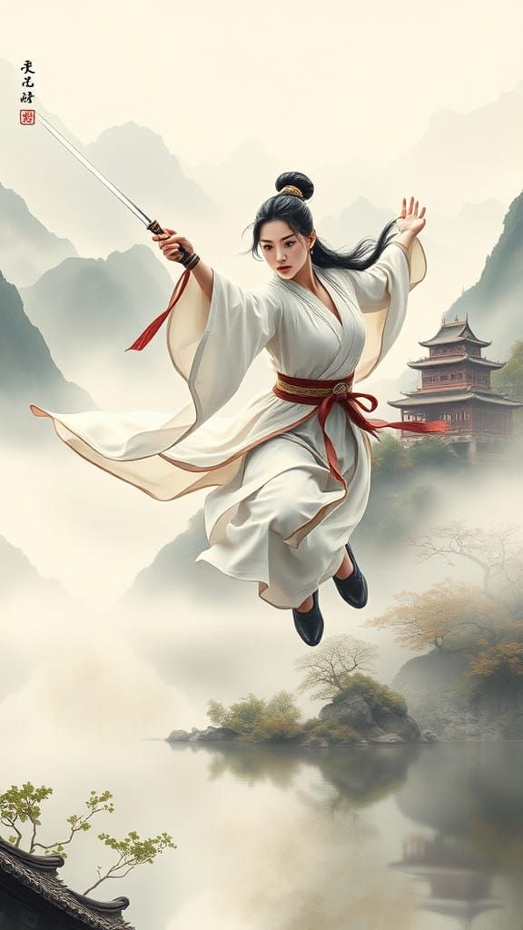 Ethereal Wuxia Warrior Leaps Across Serene Ancient Chinese L...