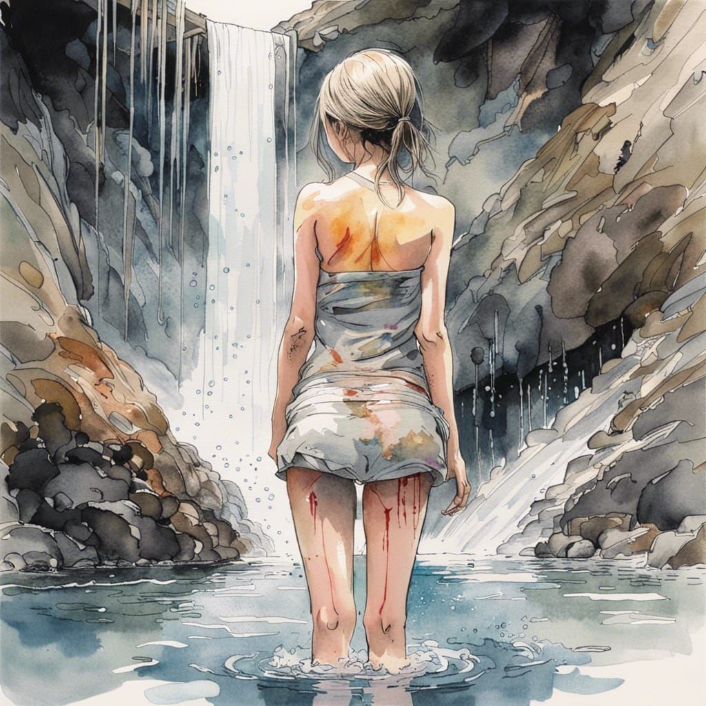 Anime Woman at Waterfall in Watercolor Style