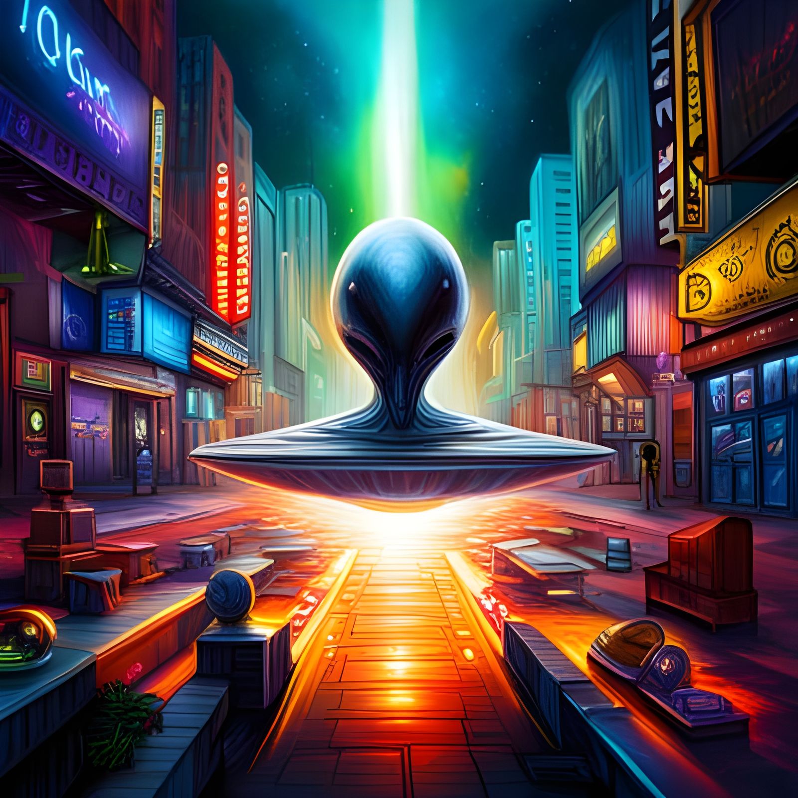 Sparkly Alien Spaceship Graffiti Art