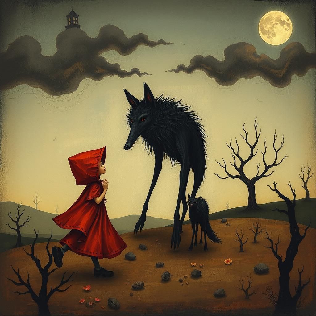 Little Red Riding Hood in Surreal Desolate Land