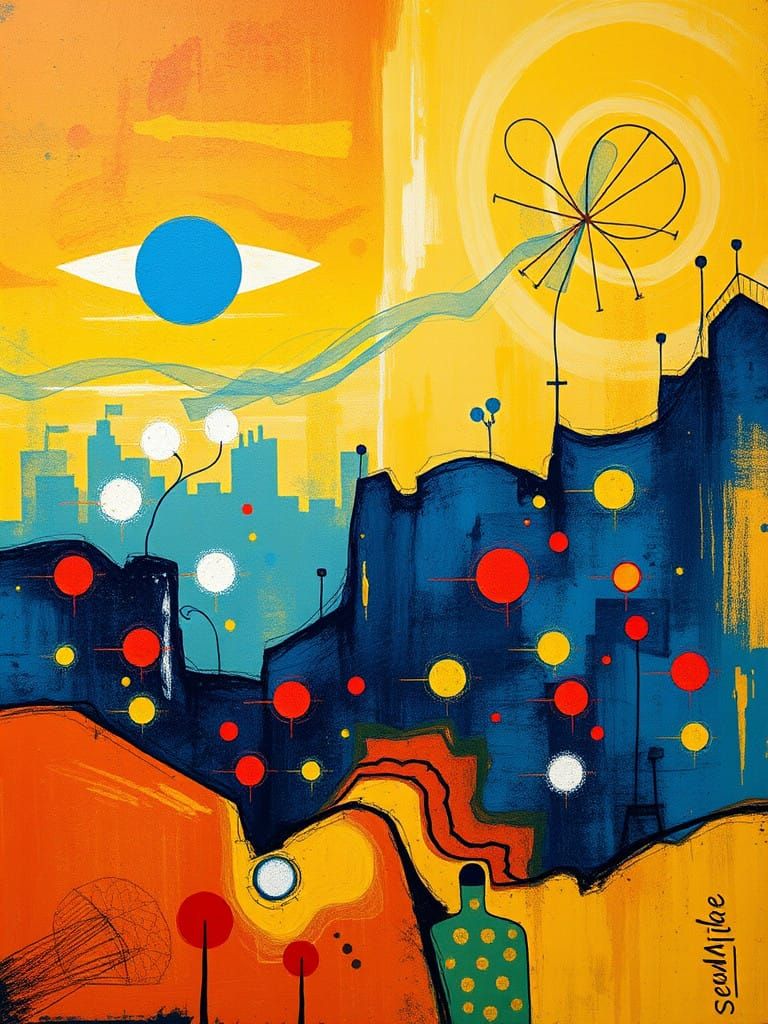 Miró-Inspired Surrealist Masterpiece in Warm, Golden Hues