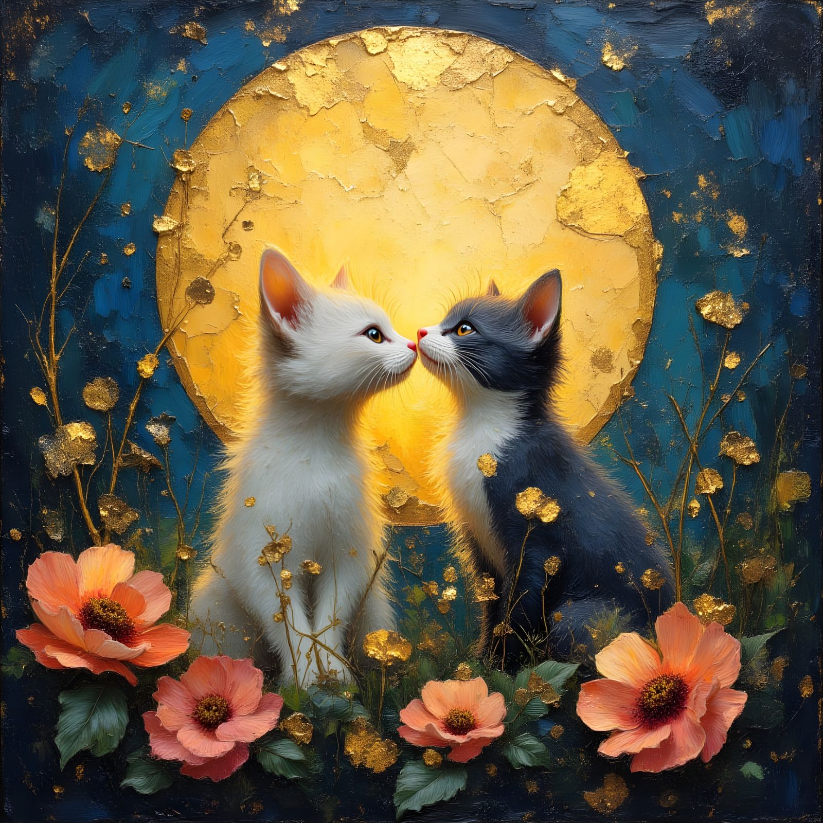 Cute Kitten in Front of Golden Moon as Painting