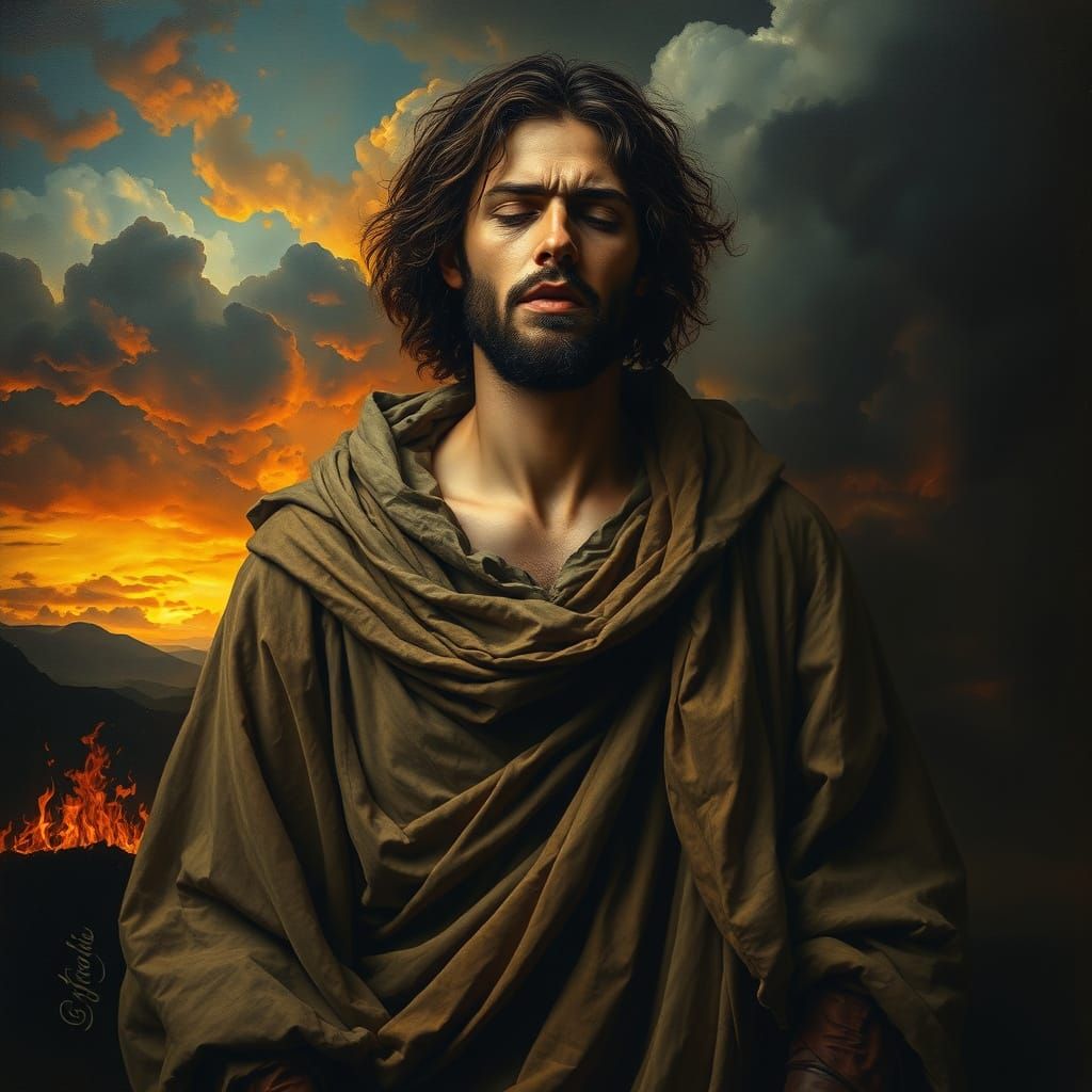 Anguished Figure Amidst Fiery Landscape in Old Master Style