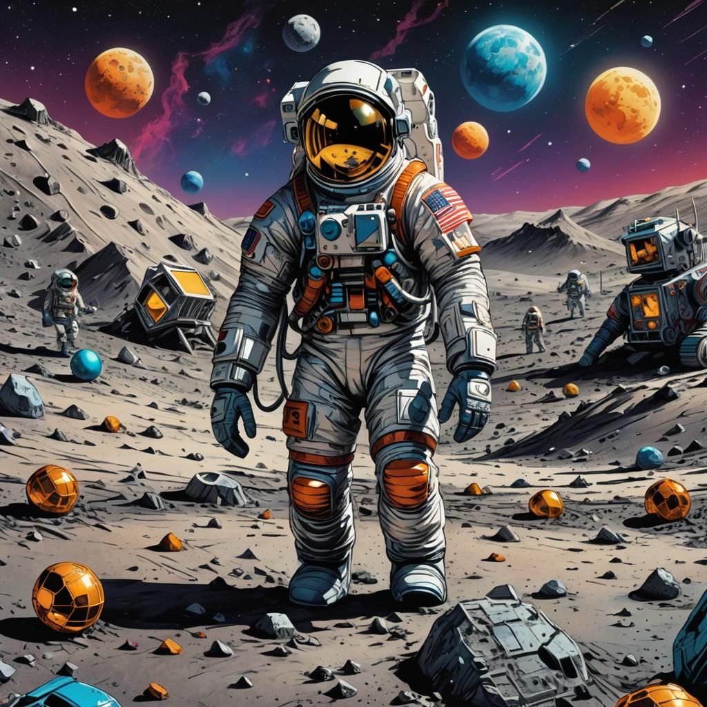 Bold Astronaut at Play on the Moon in Comic Book Style