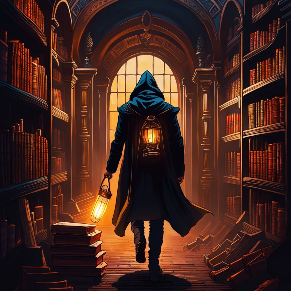 Hooded Figure in Old Library, Digital Painting