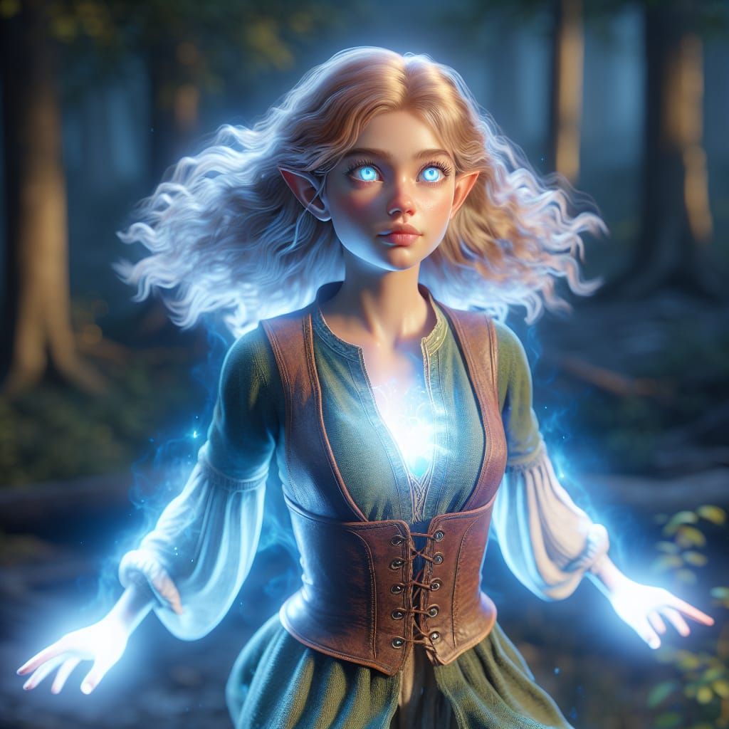 Glowing Half-Elf Levitates in Dark Forest