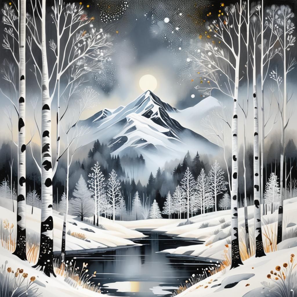 Misty Winter Birch Forest at Sunrise