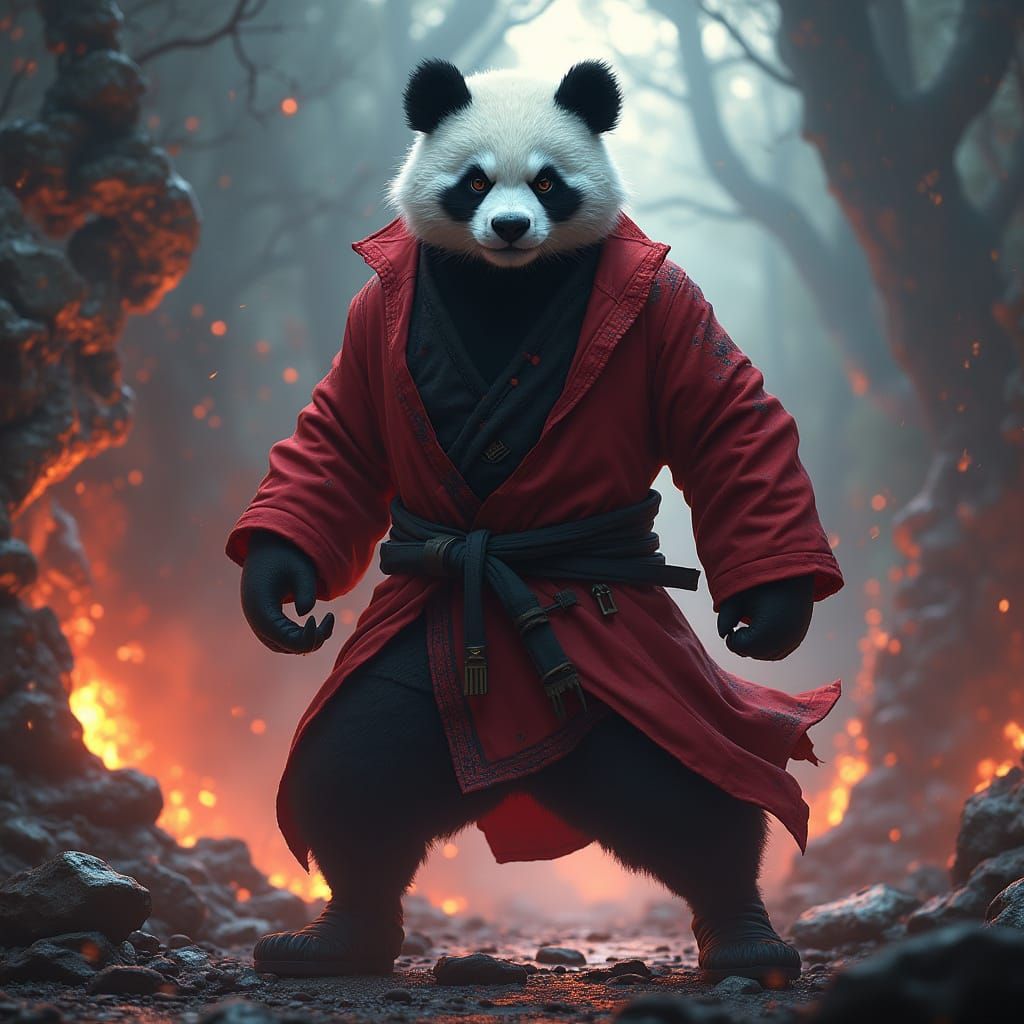 Furious Panda Ninja in Mystical Dark Fantasy Style